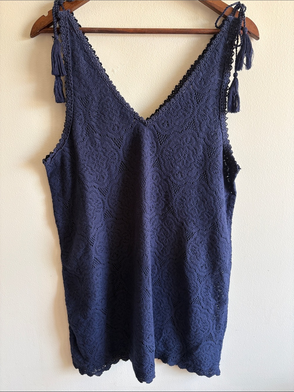 Aerie M Navy Crochet Lace Tassel‎ Tank Top Boho Beach Coastal